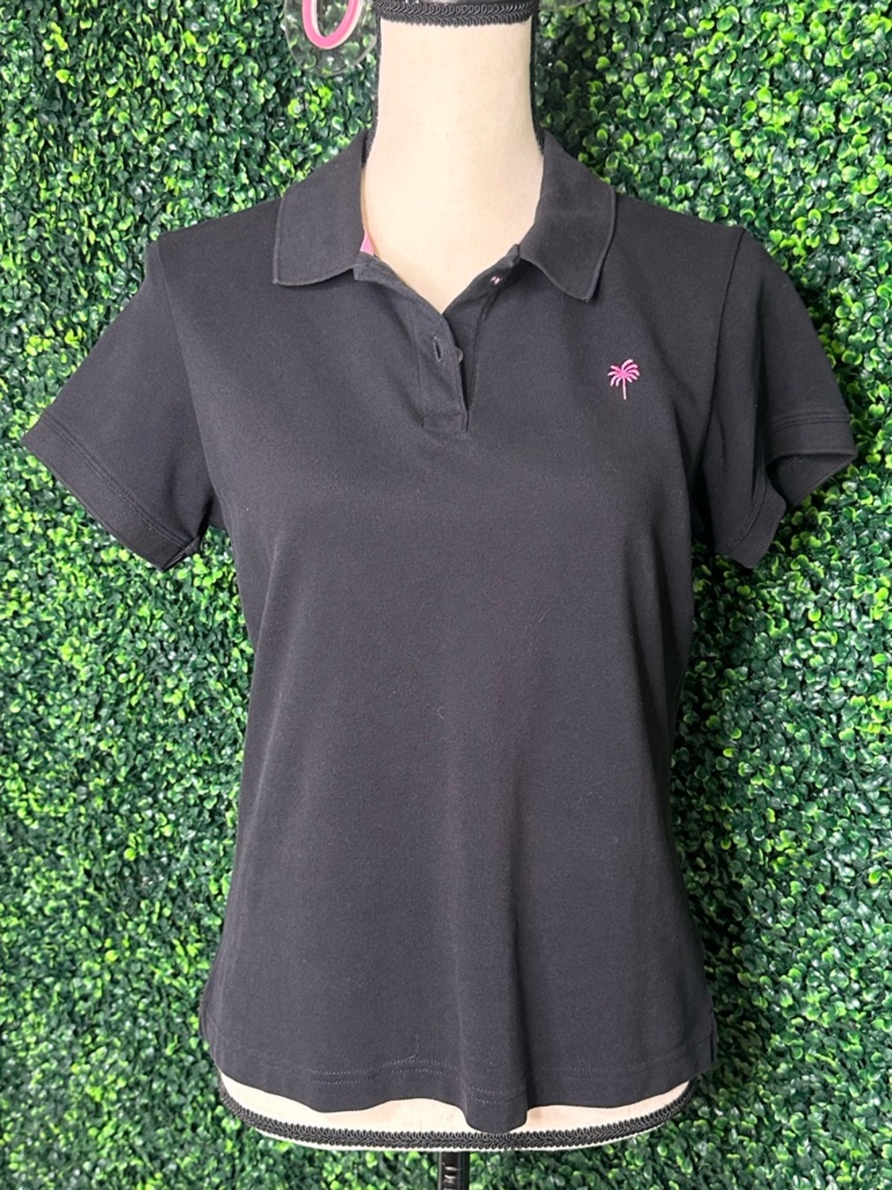 Lilly Pulitzer Shrunken Polo Black Pink Logo Y2K Preppy Fitted Top Size M